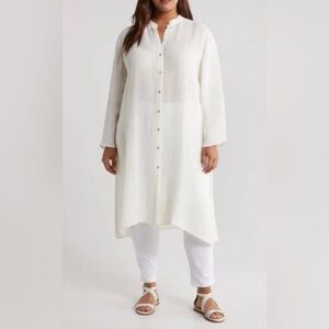 NWOT Eileen Fisher Band Collar Longline Organic Linen Blend Button-up Shirt M